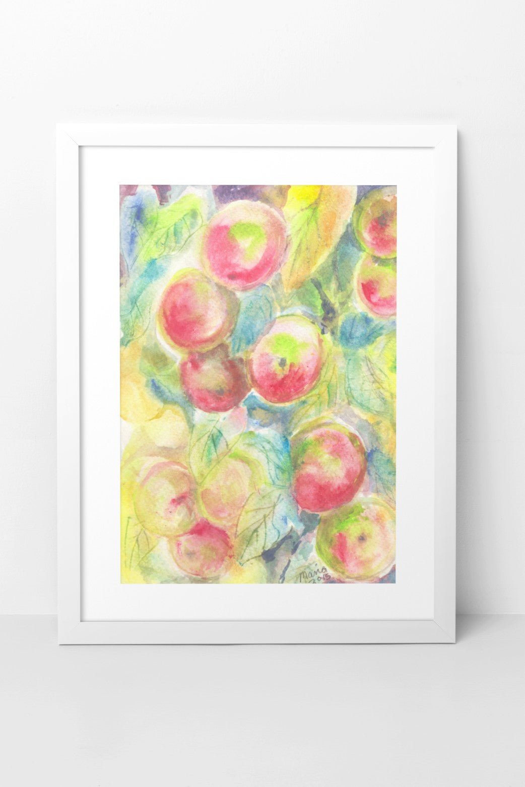 Watercolor painting of fresh, sweet, juicy apples still on the tree branch. The colors are vibrant, featuring shades of red, green, yellow, and blue, creating a lively and appetizing scene. The A5-sized artwork is displayed in a white mock-up frame against a neutral background, emphasizing its vibrant and fresh qualities.