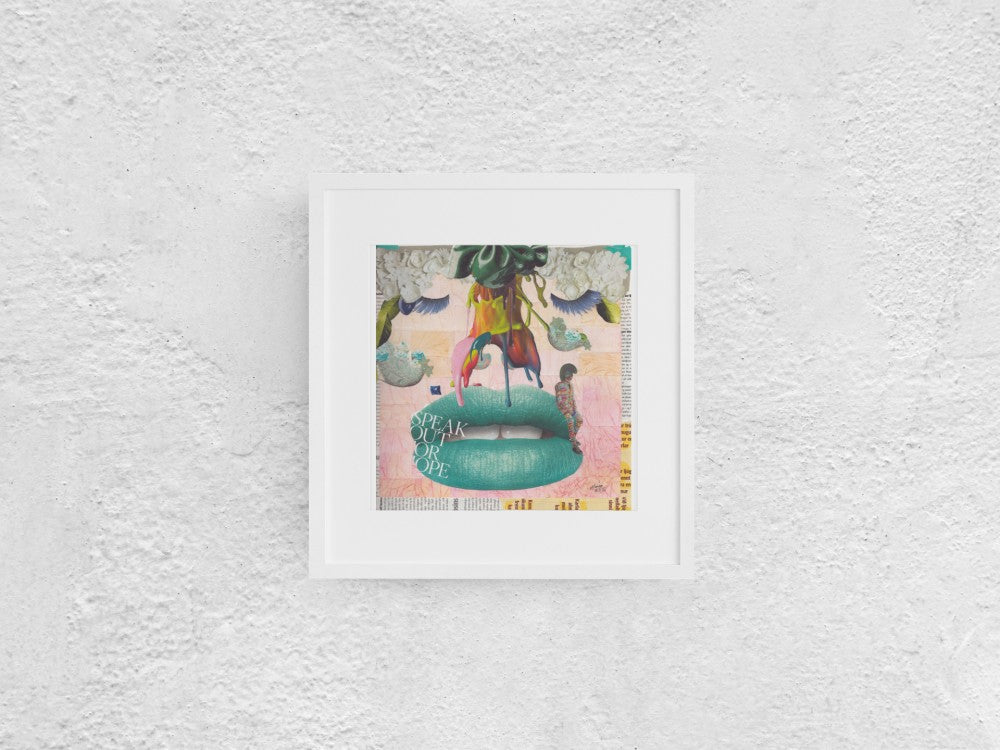 Collage artwork depicting a face with eyes featuring long lashes, a nose with colorful texture, and lush green lips. A small figure of a man in colorful clothing sits on the lips, adding a whimsical element to the piece. The 30x30 cm artwork is displayed in a white mock-up frame against a neutral background, emphasizing its vibrant colors and intricate details.
