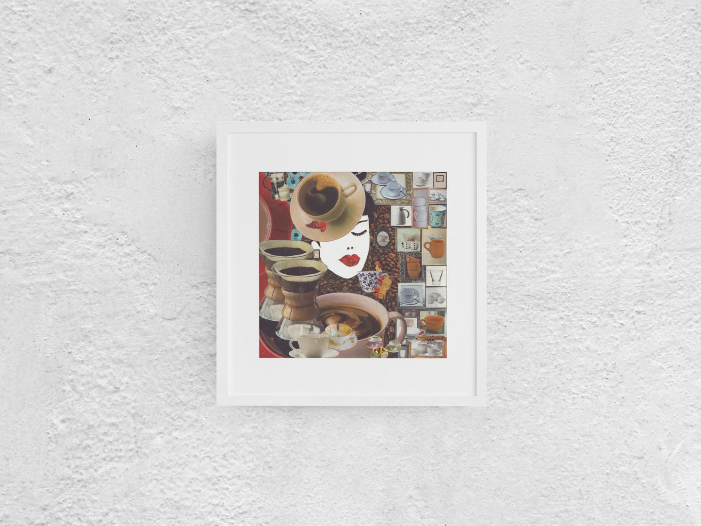 Collage artwork depicting various coffee cups, some filled with coffee, with coffee beans in the background. In the upper middle left area, a woman with a coffee cup hat is shown drinking a cup of coffee. The colors are in earthy tones, creating a warm and inviting atmosphere. The 30x30 cm artwork is displayed in a white mock-up frame against a neutral background, emphasizing its rich textures and cozy feel.