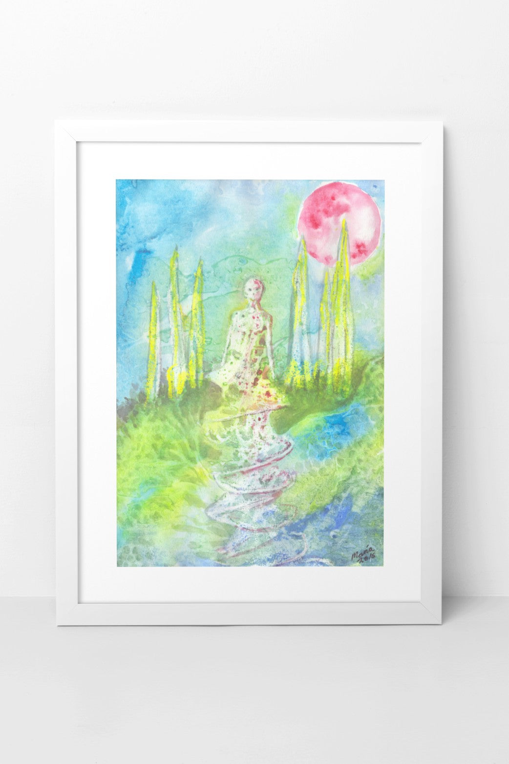 Painting in watercolor and oil pastel of an alien figure in a distant world, surrounded by spiraling vines. The scene features vibrant colors, with a red sun in a blue sky and lush vegetation in shades of green and blue. The A4-sized artwork is displayed in a white mock-up frame against a white wall background, enhancing its surreal and otherworldly atmosphere.