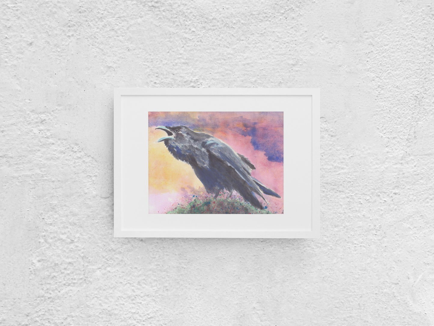 Watercolor painting of a raven cawing in the early morning as the sun rises against a pink autumn sky. The raven, painted in black and grays, stands on a tree branch or moss covered with berries, preparing for a light snack. The sky features soft tones of blue, pink, and yellow. The A4-sized artwork is displayed in a white mock-up frame against a neutral background, emphasizing its serene yet lively autumn scene.