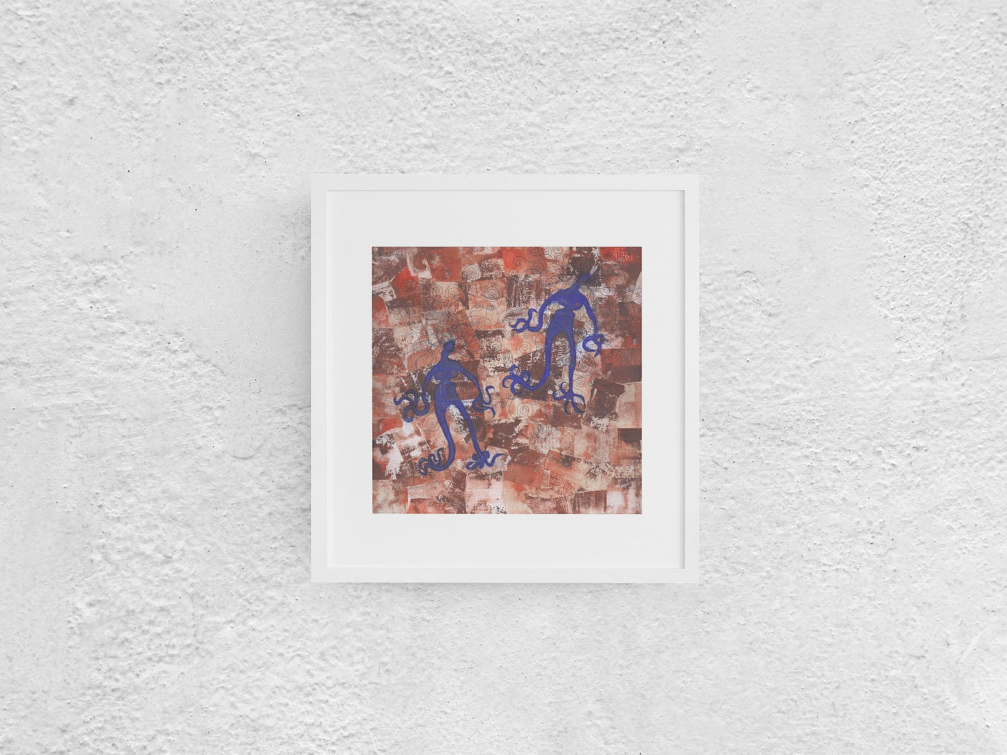 Acrylic collage featuring two blue, otherworldly female beings depicted in earth-toned colors. The background is a blend of brown and reddish hues, enhancing the surreal and mystical atmosphere of the piece. The 30×30 cm artwork is shown in a white mock-up frame against a neutral background, highlighting its unique and otherworldly qualities.