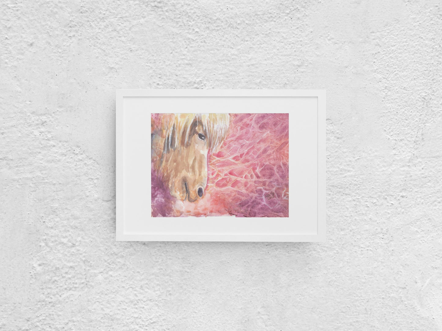 Watercolor artwork depicting the profile of a horse on the left side. The horse is light brown with a blond mane. The background is vibrant, featuring warm reddish, orange, and purple tones with a flowing effect that resembles colors moving in water. The A4-sized artwork is displayed in a white mock-up frame against a neutral background, highlighting its dynamic colors and elegant composition.