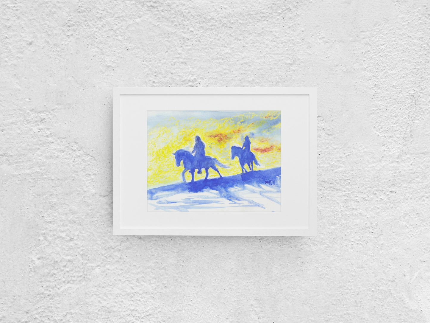 Oil pastel and watercolor artwork depicting the shadowy figures of two horsemen with the light from a setting sun in the background. The colors are vibrant and contrasted, with the horsemen painted in blue against a background of gray, white, red, and strong yellow tones. The A4-sized artwork is displayed in a white mock-up frame against a neutral background, emphasizing its dramatic contrast and vibrant colors.