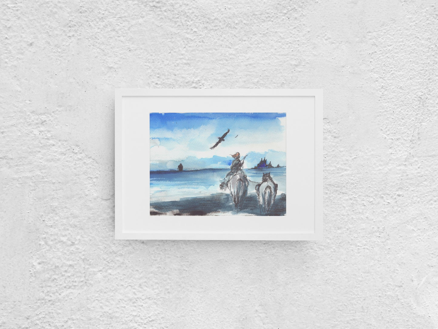 Watercolor and pen artwork of a woman on horseback, gazing out toward a fjord. She carries a bow and arrows in a pouch on her back, accompanied by a second horse carrying supplies, indicating her as an adventurer. A raven flies across the sky, and two rocky islands can be seen in the distance. The A4-sized artwork is displayed in a black mock-up frame against a neutral background, highlighting its adventurous theme and serene landscape.