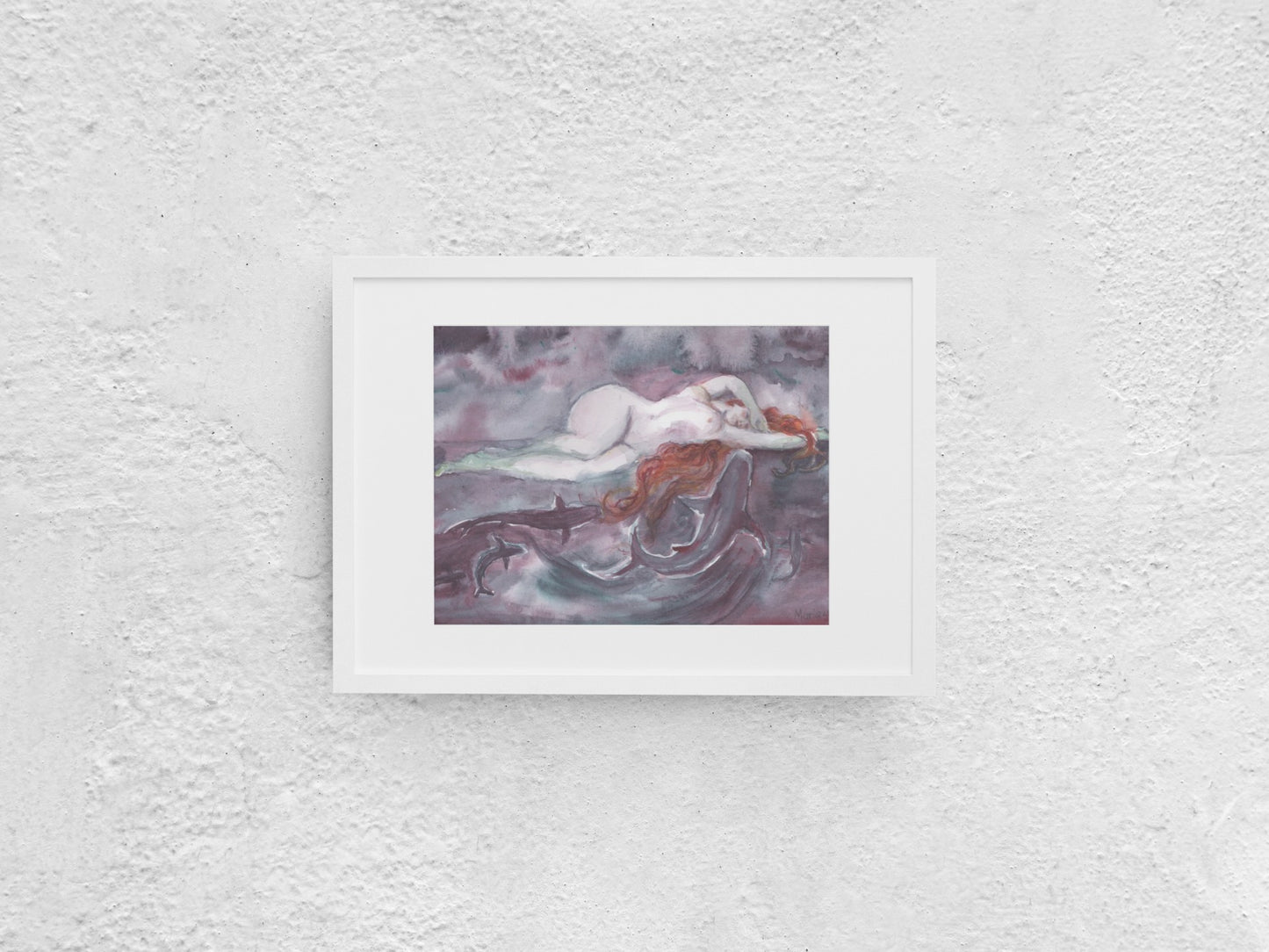 Watercolor painting of a naked Renaissance-style woman with fair skin and long red hair, lying on glass over water. Three sharks swim up to her, with the largest kissing her arm, the middle-sized shark kissing her hair, and the smallest behind them. The scene features dark tones of gray, purple, and black, with misty air in shades of gray and red. Her right hand rests over her forehead. The A4-sized artwork is displayed in a white mock-up frame against a neutral background.