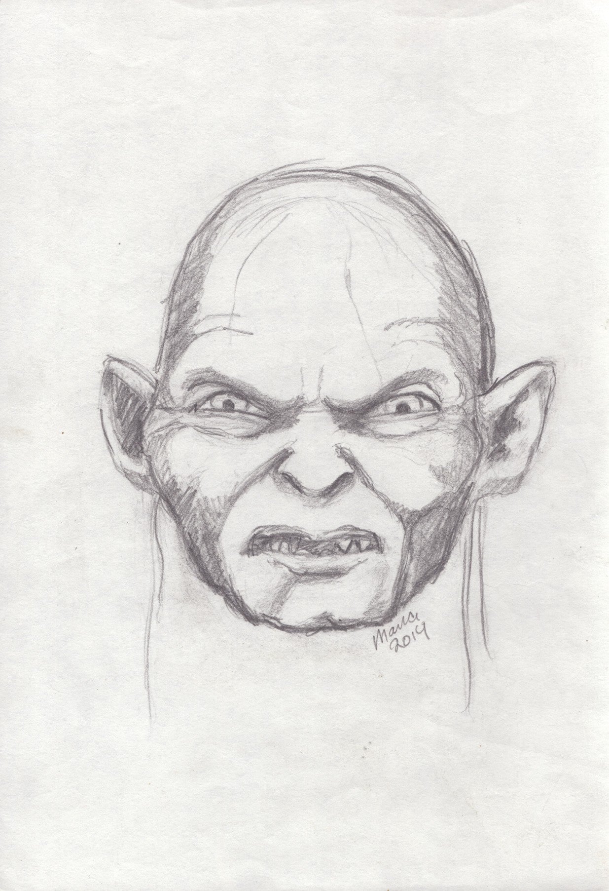 Pencil drawing of Gollum from The Lord of the Rings, depicted in grayscale. The artwork features a close-up of his angry face, capturing his intense and menacing expression. The artwork is A4 in size.