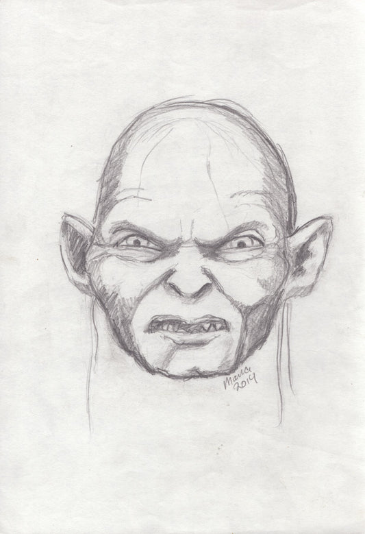 Pencil drawing of Gollum from The Lord of the Rings, depicted in grayscale. The artwork features a close-up of his angry face, capturing his intense and menacing expression. The artwork is A4 in size.