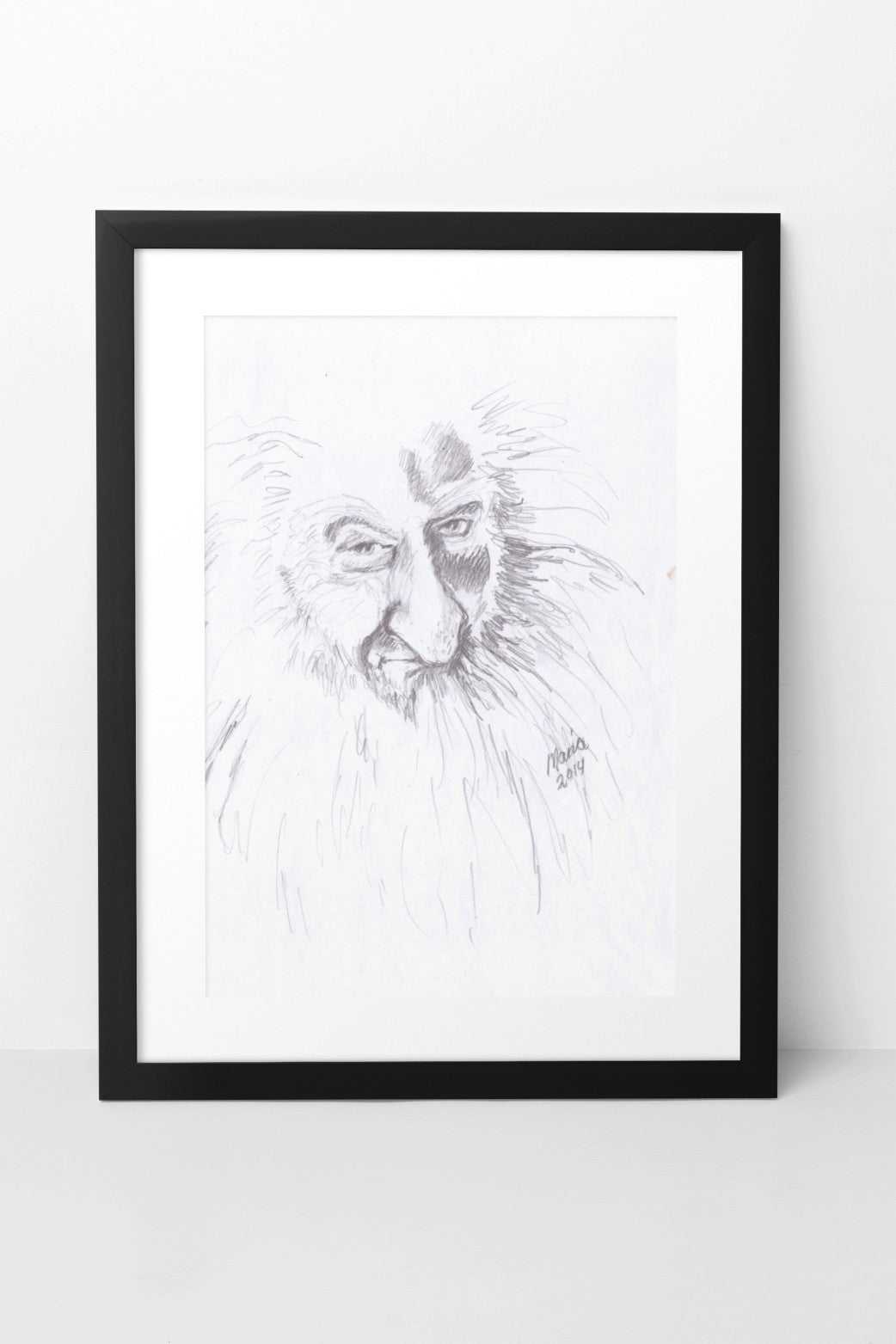 Pencil drawing of Ken Stott as Balin from The Hobbit, depicted in grayscale. The A4-sized artwork features a close-up of his face and large beard, shown in a black mock-up frame against a neutral background. The framing highlights the detailed and expressive features of the character.