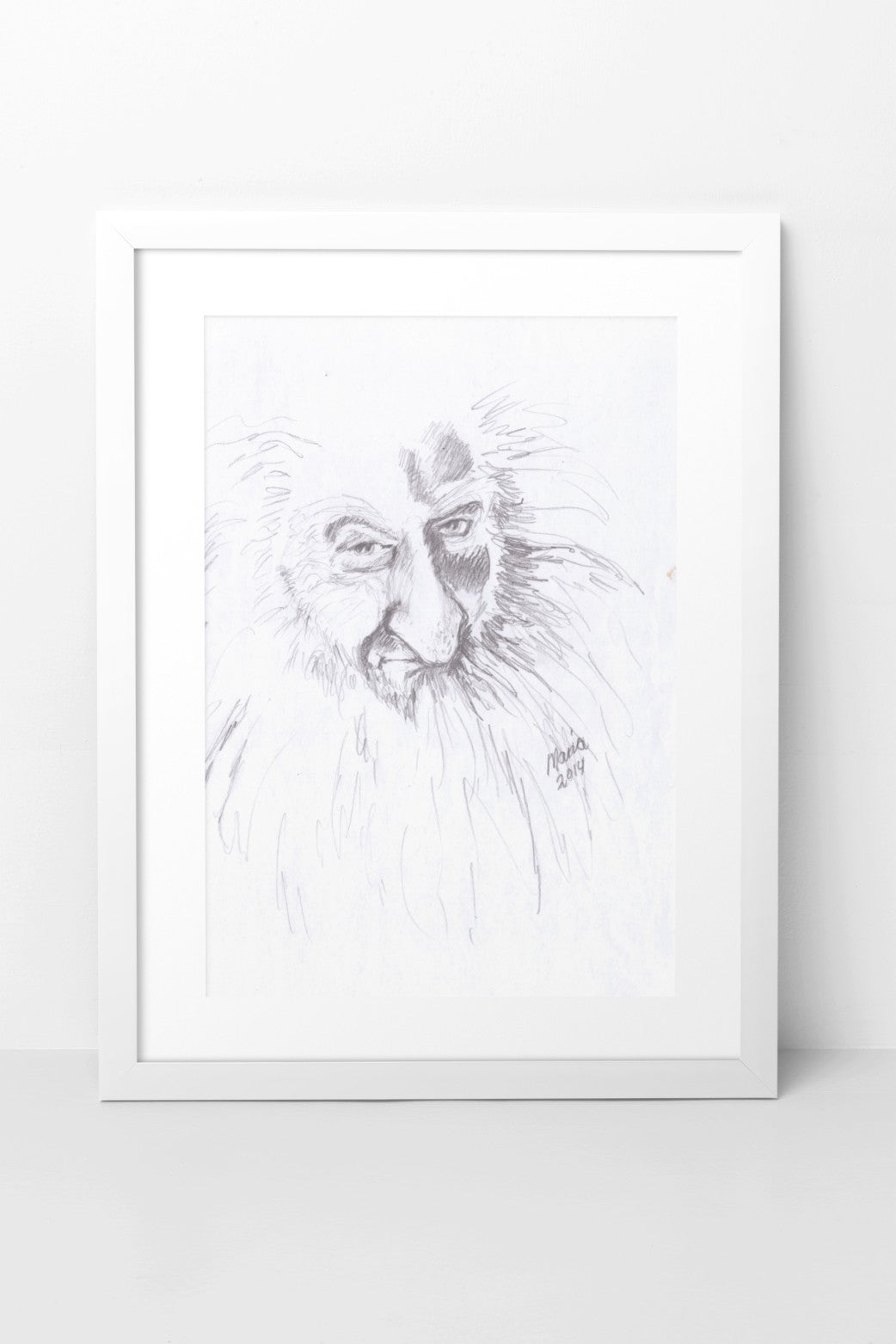 Pencil drawing of Ken Stott as Balin from The Hobbit, depicted in grayscale. The A4-sized artwork features a close-up of his face and large beard, shown in a white mock-up frame against a neutral background. The framing highlights the detailed and expressive features of the character.