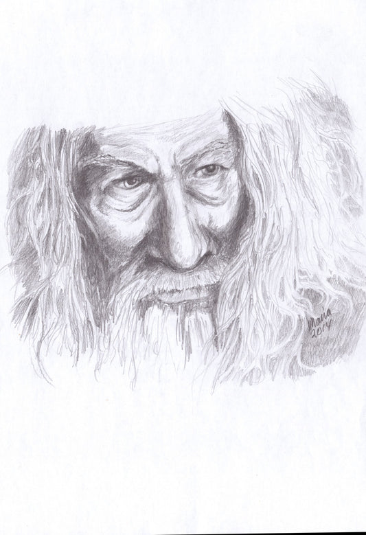 Pencil drawing of Ian McKellen as Gandalf from The Lord of the Rings, depicted in grayscale. The artwork features a close-up of his face and thick hair, capturing the character's detailed and expressive features. The artwork is A4 in size.