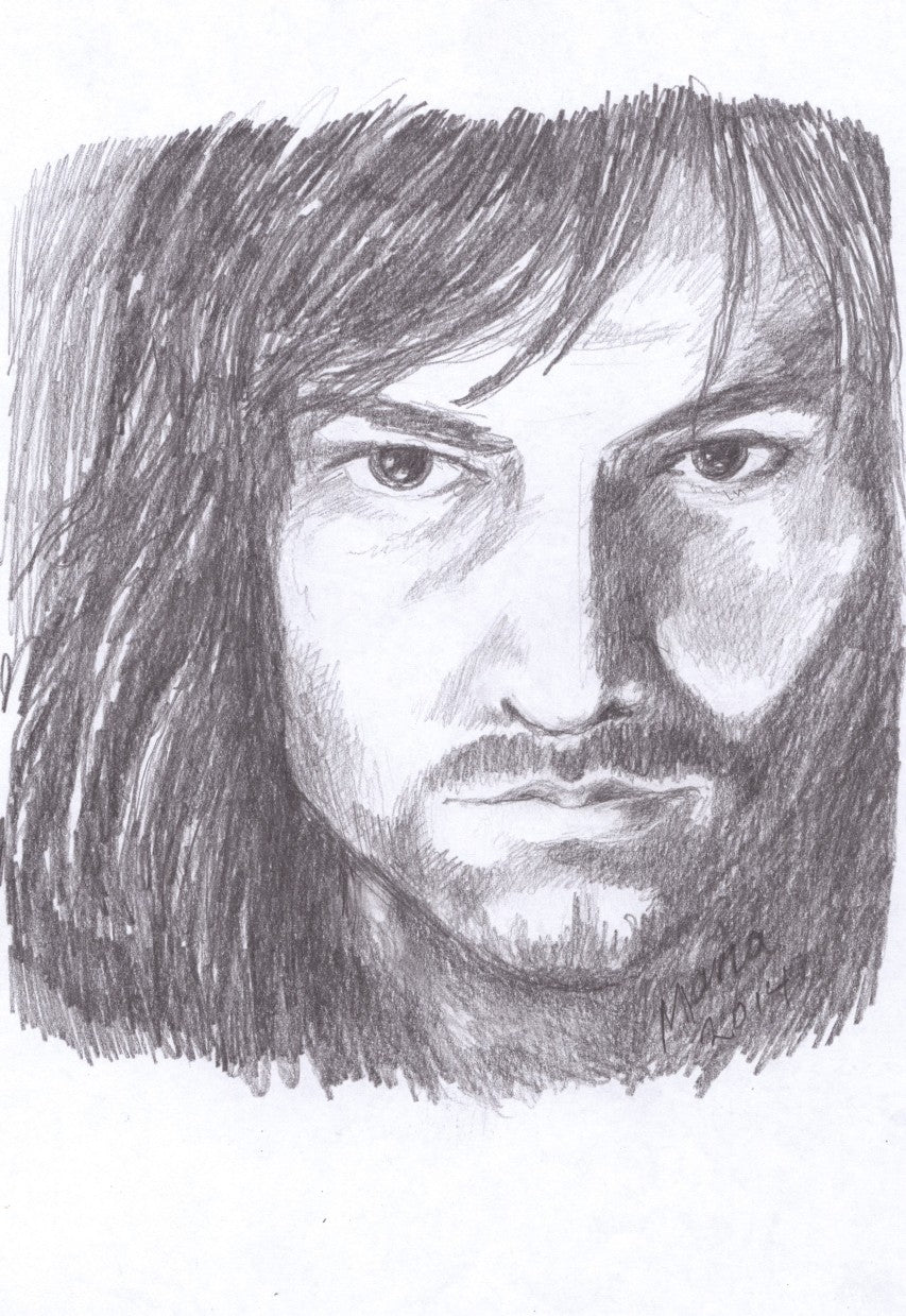 Pencil drawing of Aidan Turner as Kili from The Hobbit, featuring a close-up of his face with a serious expression as he looks straight forward. The artwork is A5 in size, emphasizing the character's intense and focused gaze.