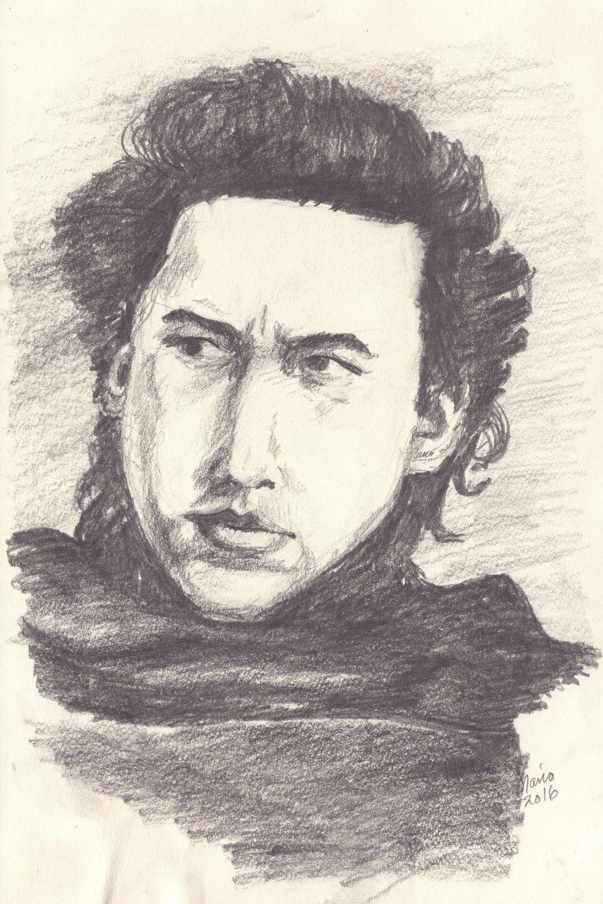 Pencil drawing in grayscale featuring Adam Driver as Kylo Ren from Star Wars. The artwork shows a close-up of Kylo Ren from the front, with a serious expression as he looks to the left. His thick hair frames his face, and he is wearing a dark cloak, enhancing the moody and intense atmosphere. The artwork is A4-sized.