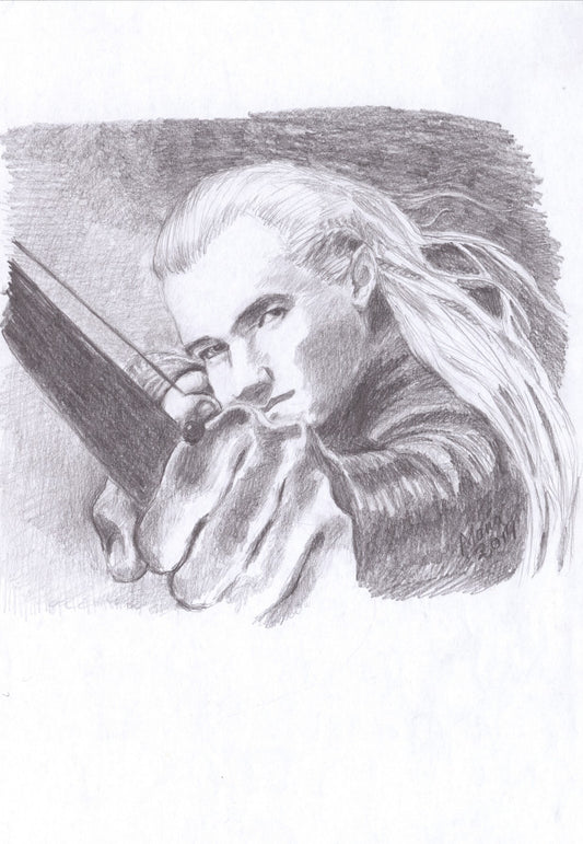 Pencil drawing in grayscale featuring Orlando Bloom as Legolas from The Lord of the Rings. The artwork shows a close-up of Legolas from the front, with his hand outstretched as he draws a bow and arrow. His hair flows gently in the wind, adding a sense of movement to the piece, which is A4-sized.