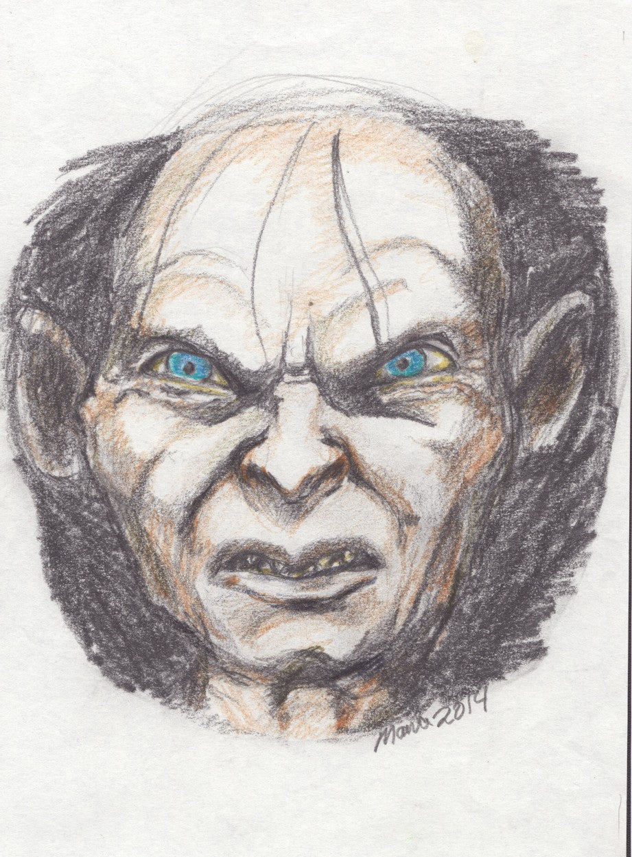 Pencil and color pencil drawing of Gollum from The Lord of the Rings, featuring menacing blue eyes, a scrunched nose, and a slightly open mouth exposing sharp teeth. His pale face contrasts with the dark background, intensifying his pained and sinister expression. The artwork is A5 in size.