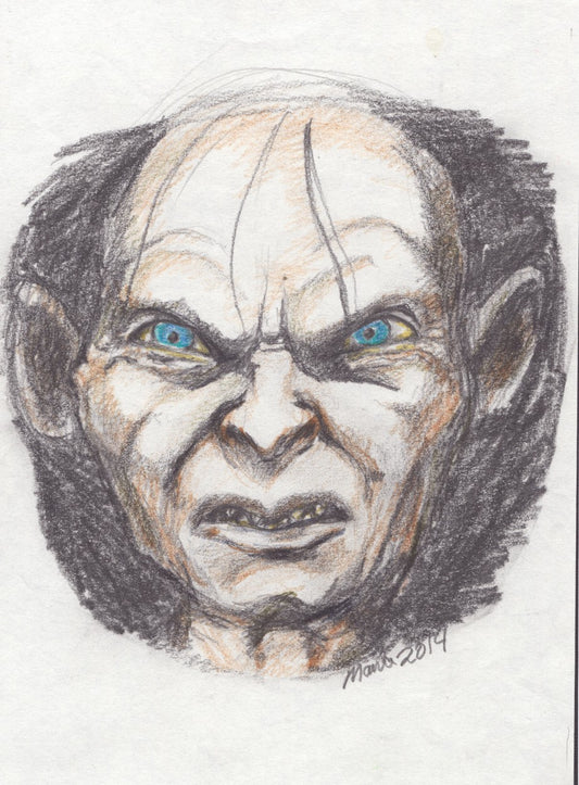 Pencil and color pencil drawing of Gollum from The Lord of the Rings, featuring menacing blue eyes, a scrunched nose, and a slightly open mouth exposing sharp teeth. His pale face contrasts with the dark background, intensifying his pained and sinister expression. The artwork is A5 in size.
