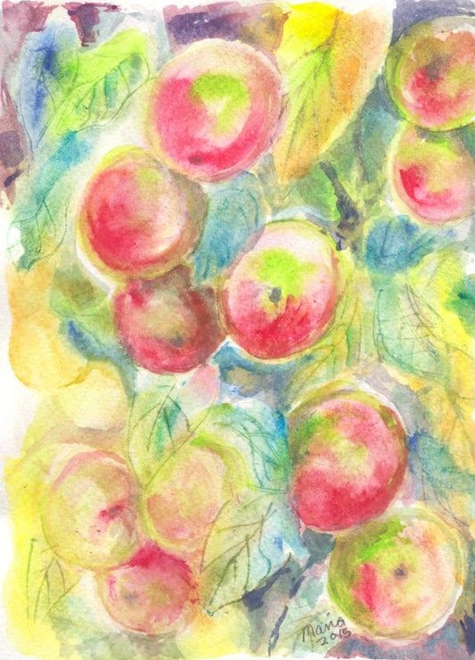 Colorful watercolor painting of fresh, sweet, juicy apples still on the tree branch. The colors are vibrant, featuring shades of red, green, yellow, and blue, creating a lively and appetizing scene. The artwork is A5 in size.