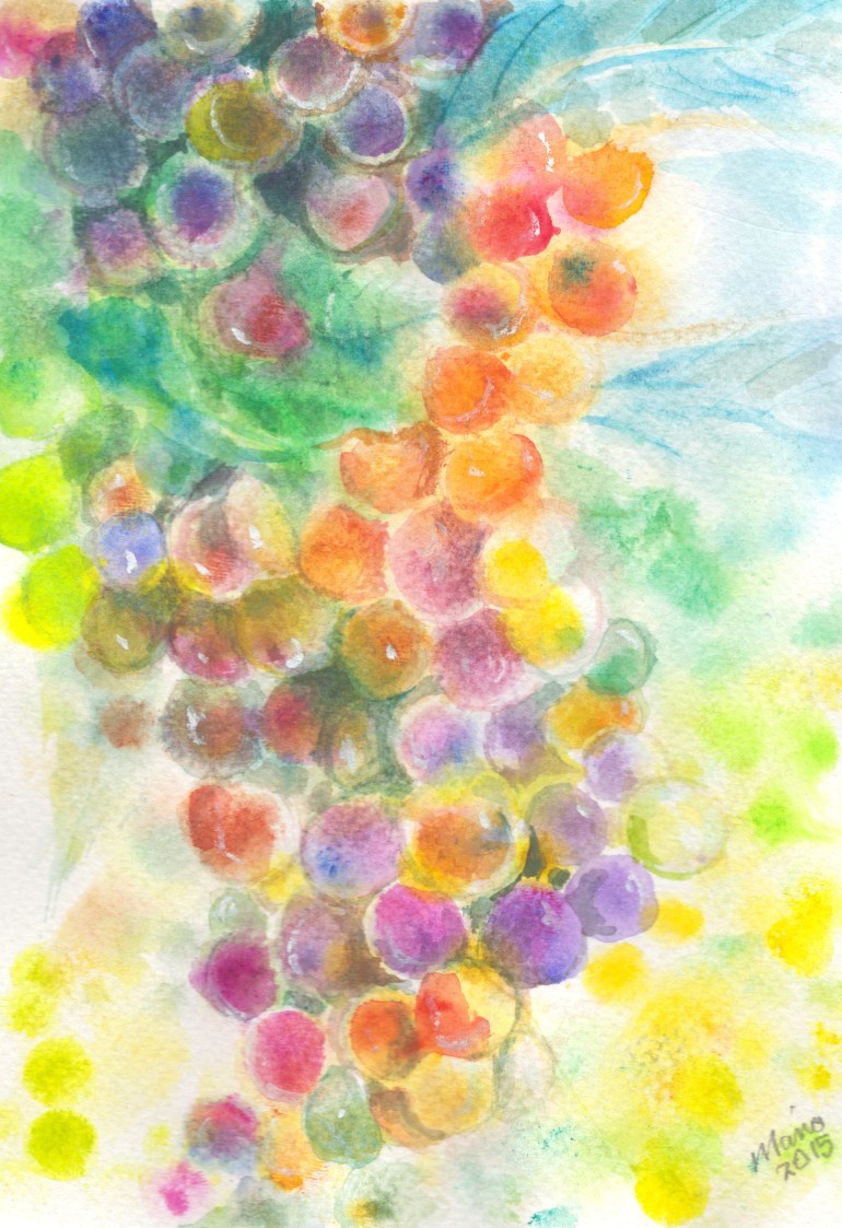 Colorful watercolor artwork depicting fresh, plump sweet grapes still on the vine. The vibrant colors range from yellow tones, orange, pink, red, green, blue, to purple, creating a lively and appetizing scene. The artwork is A5 in size.