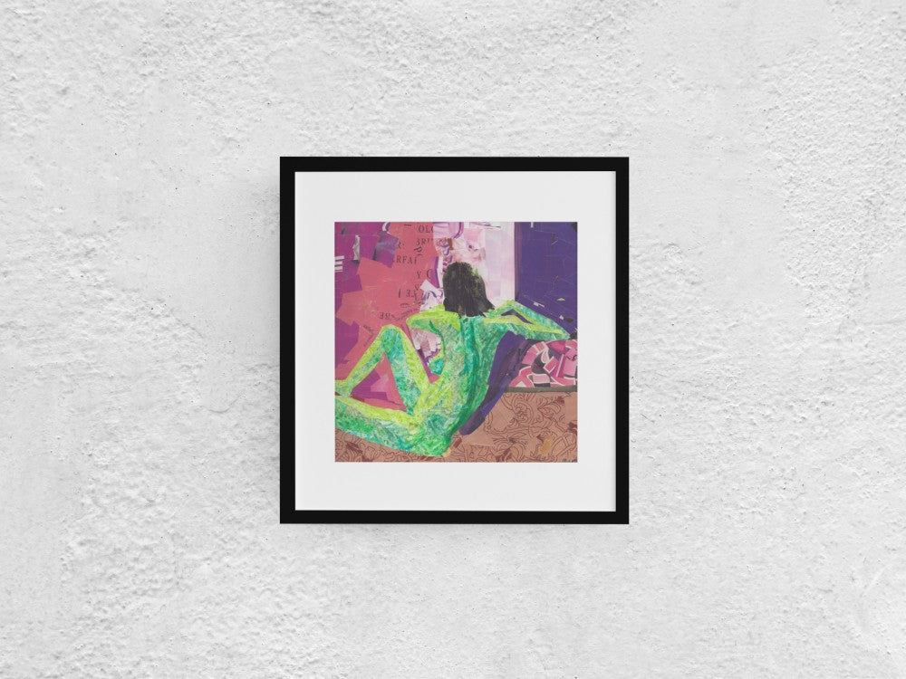 Mixed media artwork using collage, watercolor, pastel, and pen, depicting a woman sitting on the ground or floor, looking away. You can see her back and body, and she is colored in green with black hair. She sits by what appears to be a window sill. The ground is brown, the wall on her left features reddish tones, and the view outside the window is purple. The 30x30 cm artwork is displayed in a black mock-up frame against a neutral background, highlighting its textured and colorful composition.