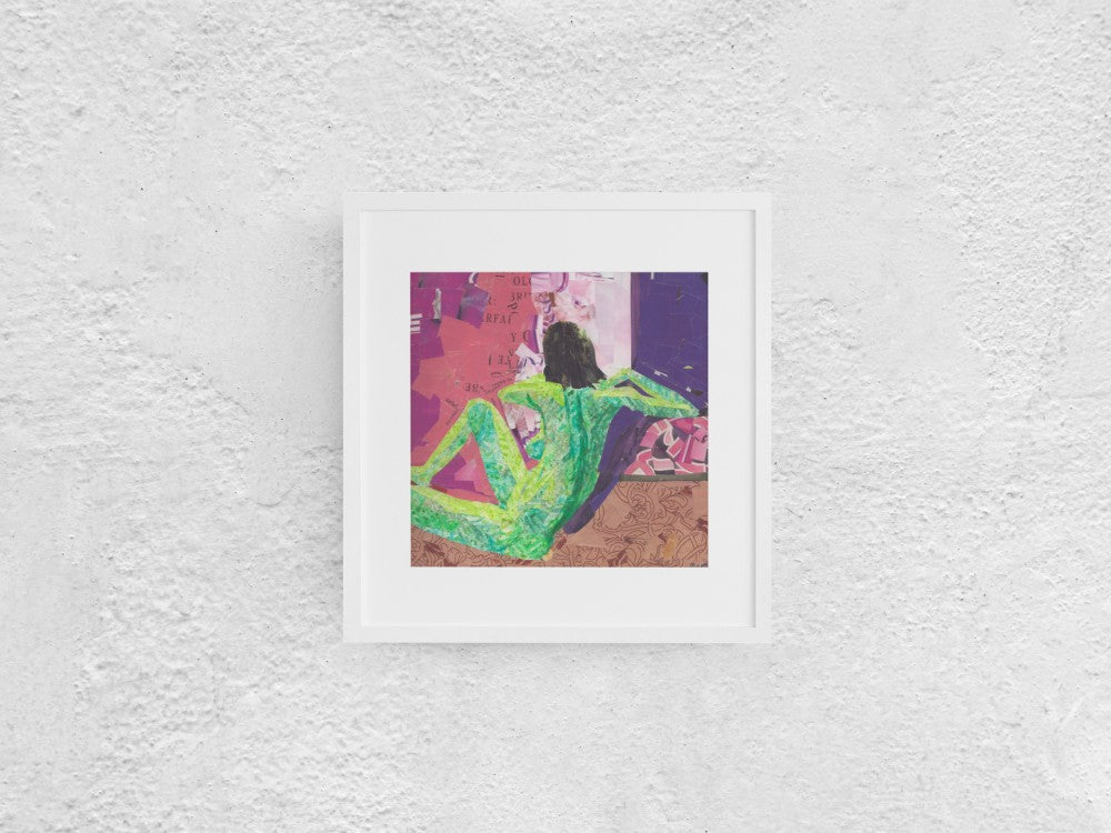 Mixed media artwork using collage, watercolor, pastel, and pen, depicting a woman sitting on the ground or floor, looking away. You can see her back and body, and she is colored in green with black hair. She sits by what appears to be a window sill. The ground is brown, the wall on her left features reddish tones, and the view outside the window is purple. The 30x30 cm artwork is displayed in a white mock-up frame against a neutral background, highlighting its textured and colorful composition.