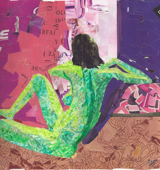 Mixed media artwork using collage, watercolor, pastel, and pen, depicting a woman sitting on the ground or floor, looking away. You can see her back and body, and she is colored in green with black hair. She sits by what appears to be a window sill. The ground is brown, the wall on her left features reddish tones, and the view outside the window is purple. The artwork is 30x30 cm in size.