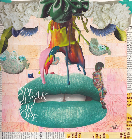 Collage artwork depicting a face with eyes featuring long lashes, a nose with colorful texture, and lush green lips. A small figure of a man in colorful clothing sits on the lips, adding a whimsical element to the piece. The artwork is 30x30 cm in size.