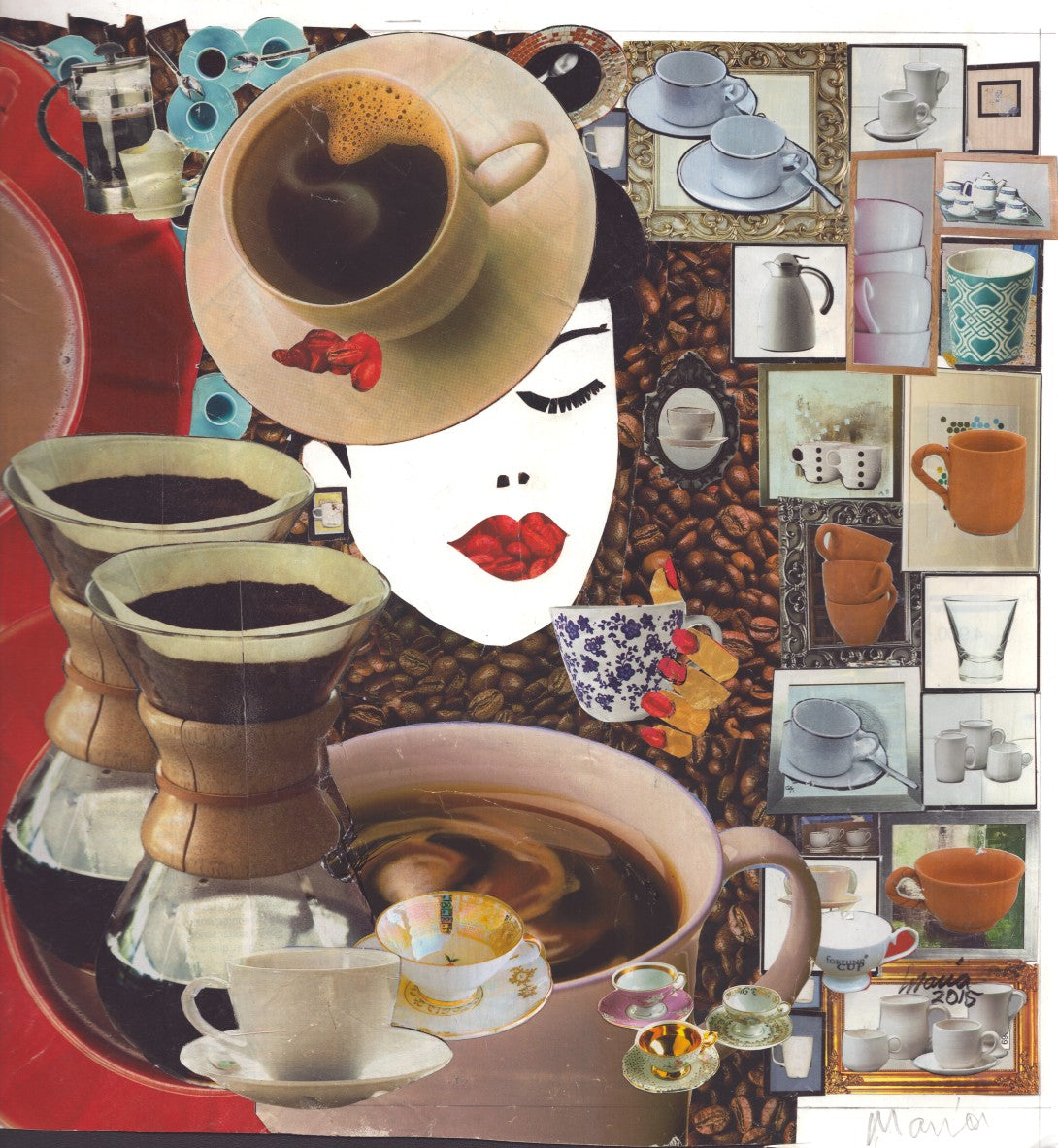 Collage artwork depicting various coffee cups, some filled with coffee, with coffee beans in the background. In the upper middle left area, a woman with a coffee cup hat is shown drinking a cup of coffee. The colors are in earthy tones, creating a warm and inviting atmosphere. The artwork is 30x30 cm in size.