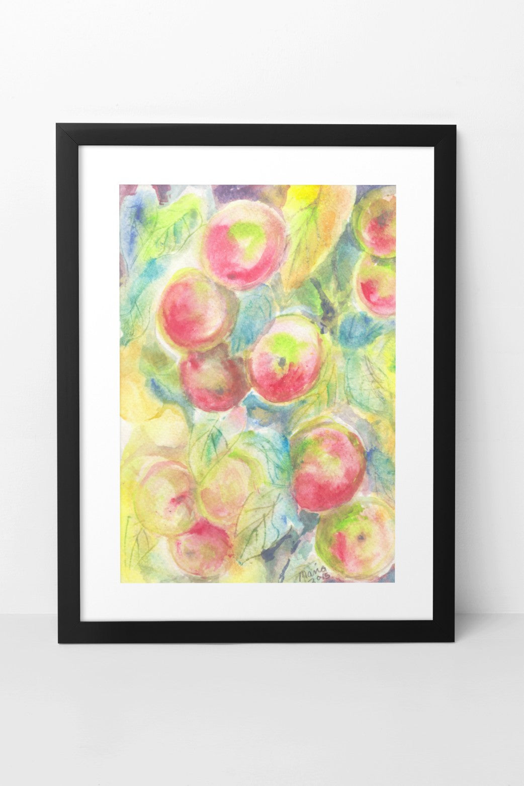 Watercolor painting of fresh, sweet, juicy apples still on the tree branch. The colors are vibrant, featuring shades of red, green, yellow, and blue, creating a lively and appetizing scene. The A5-sized artwork is displayed in a black mock-up frame against a neutral background, emphasizing its vibrant and fresh qualities.