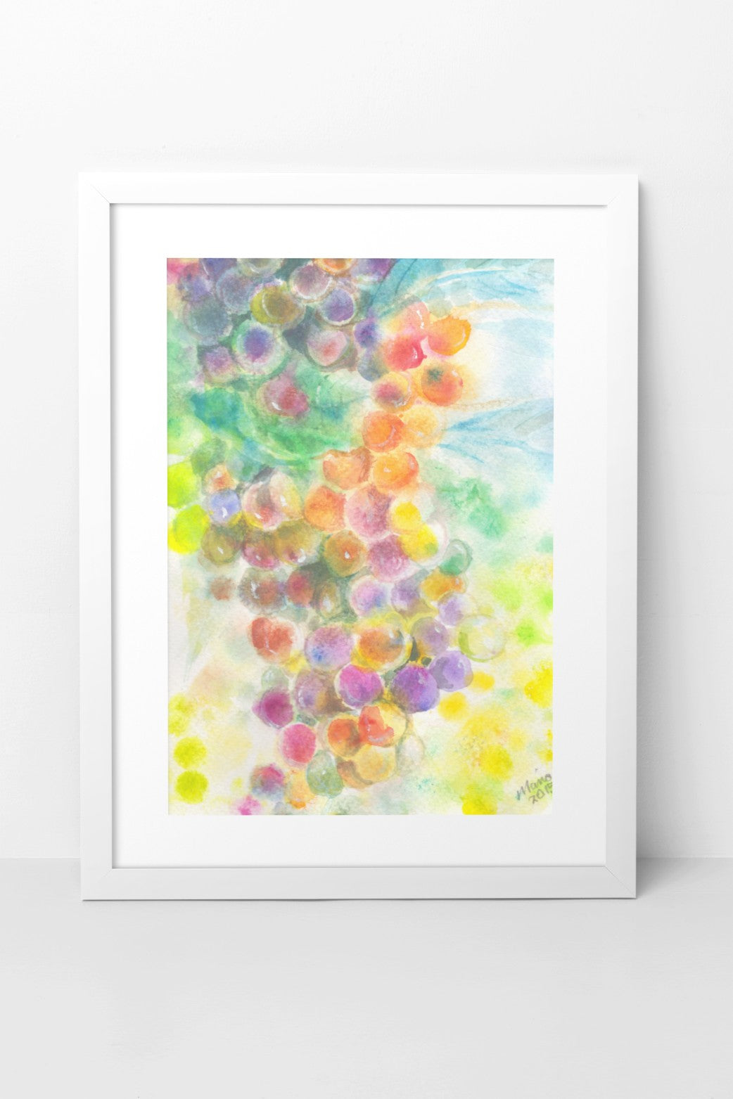 Colorful artwork depicting fresh, plump sweet grapes still on the vine. The vibrant colors range from yellow tones, orange, pink, red, green, blue, to purple, creating a lively and appetizing scene. The A5-sized artwork is displayed in a white mock-up frame against a neutral background, highlighting its vibrant colors and detailed depiction of the grapes.