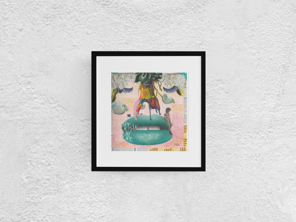 Collage artwork depicting a face with eyes featuring long lashes, a nose with colorful texture, and lush green lips. A small figure of a man in colorful clothing sits on the lips, adding a whimsical element to the piece. The 30x30 cm artwork is displayed in a black mock-up frame against a neutral background, emphasizing its vibrant colors and intricate details.
