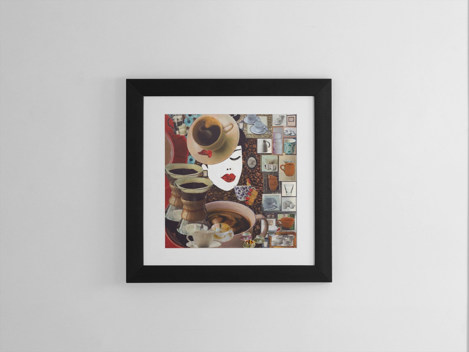 Collage artwork depicting various coffee cups, some filled with coffee, with coffee beans in the background. In the upper middle left area, a woman with a coffee cup hat is shown drinking a cup of coffee. The colors are in earthy tones, creating a warm and inviting atmosphere. The 30x30 cm artwork is displayed in a black mock-up frame against a neutral background, emphasizing its rich textures and cozy feel.