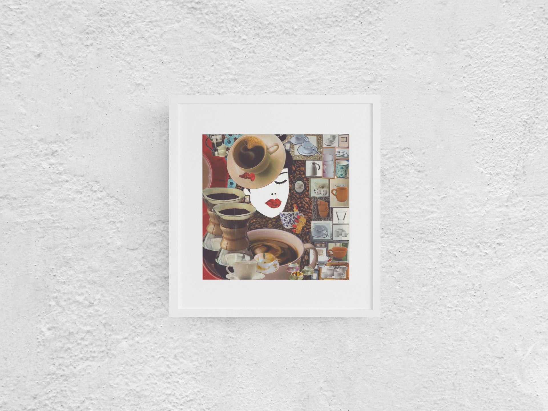 Collage artwork depicting various coffee cups, some filled with coffee, with coffee beans in the background. In the upper middle left area, a woman with a coffee cup hat is shown drinking a cup of coffee. The colors are in earthy tones, creating a warm and inviting atmosphere. The 30x30 cm artwork is displayed in a white mock-up frame against a neutral background, emphasizing its rich textures and cozy feel.