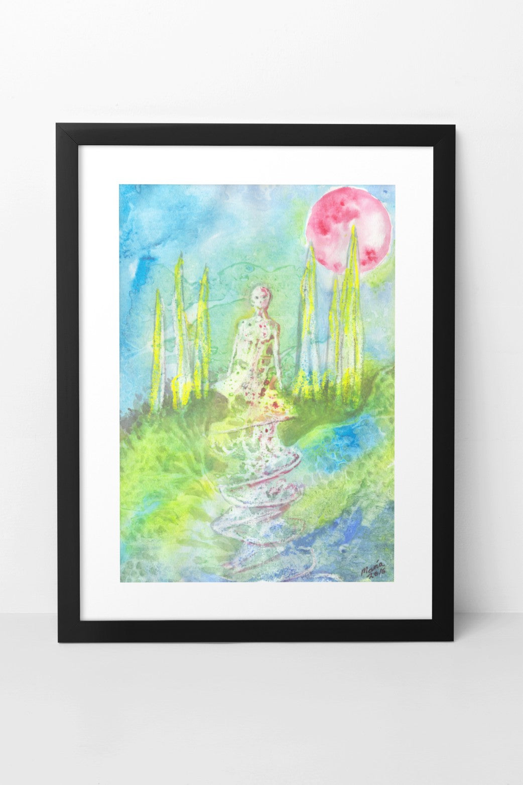 Painting in watercolor and oil pastel of an alien figure in a distant world, surrounded by spiraling vines. The scene features vibrant colors, with a red sun in a blue sky and lush vegetation in shades of green and blue. The A4-sized artwork is displayed in a black mock-up frame against a white wall background, enhancing its surreal and otherworldly atmosphere.