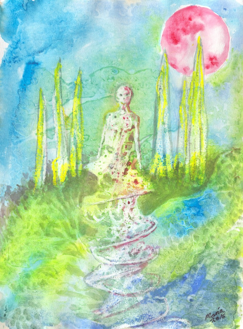 Painting in watercolor and oil pastel of an alien figure in a distant world, surrounded by spiraling vines. The scene features vibrant colors, with a red sun in a blue sky and lush vegetation in shades of green and blue, creating a surreal and otherworldly atmosphere. The artwork is A4 in size.
