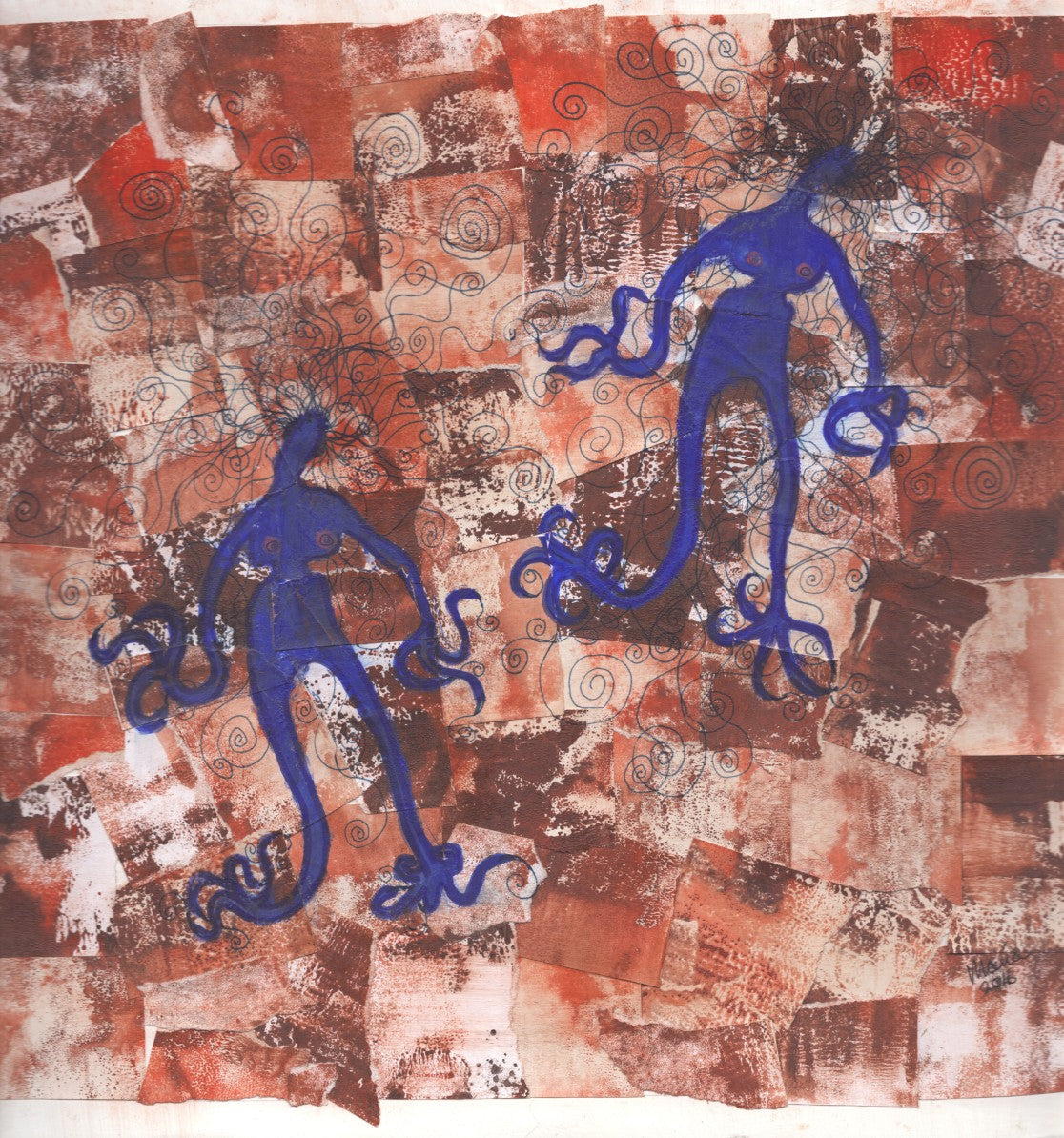 Acrylic collage featuring two blue, otherworldly female beings depicted in earth-toned colors. The background is a blend of brown and reddish hues, enhancing the surreal and mystical atmosphere of the piece. The artwork is 30×30 cm in size.