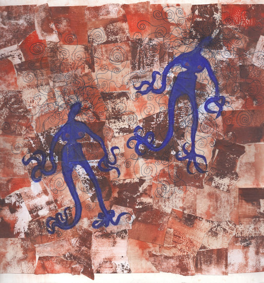 Acrylic collage featuring two blue, otherworldly female beings depicted in earth-toned colors. The background is a blend of brown and reddish hues, enhancing the surreal and mystical atmosphere of the piece. The artwork is 30×30 cm in size.