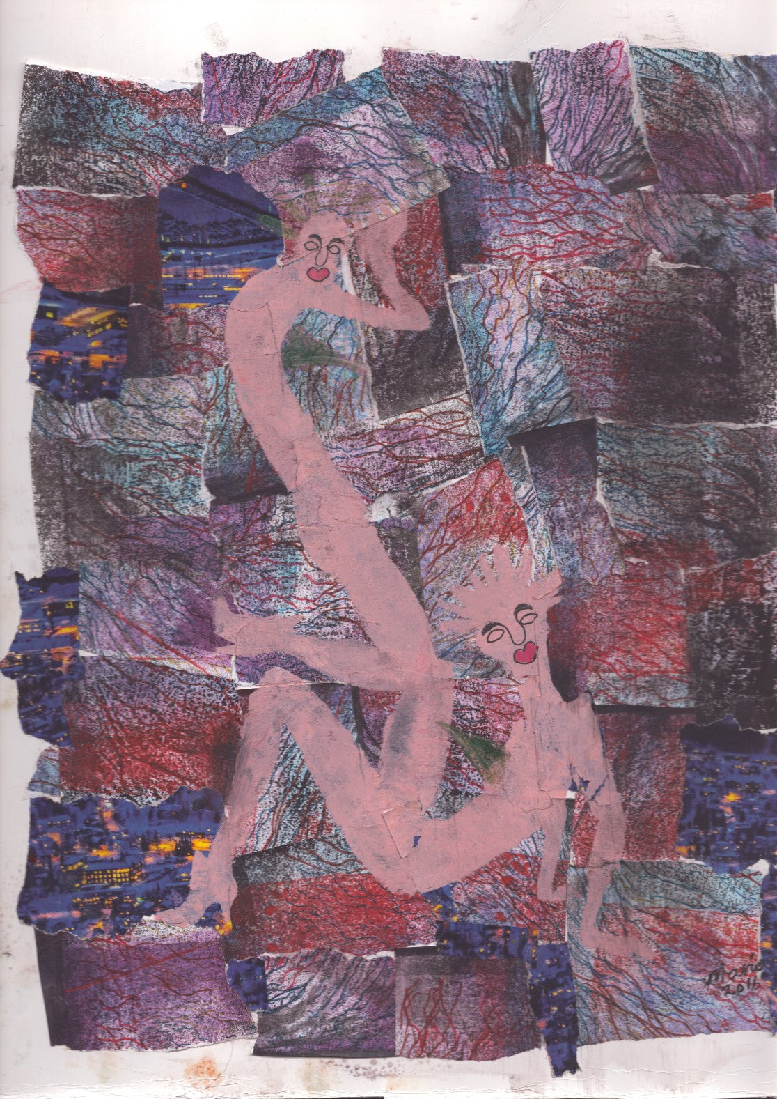 Mixed media artwork in acrylic collage depicting two beings in nude color, positioned closely together. The background consists of square shapes in earth tones, creating a textured and harmonious composition. The artwork is A3 in size.