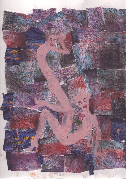 Mixed media artwork in acrylic collage depicting two beings in nude color, positioned closely together. The background consists of square shapes in earth tones, creating a textured and harmonious composition. The artwork is A3 in size.