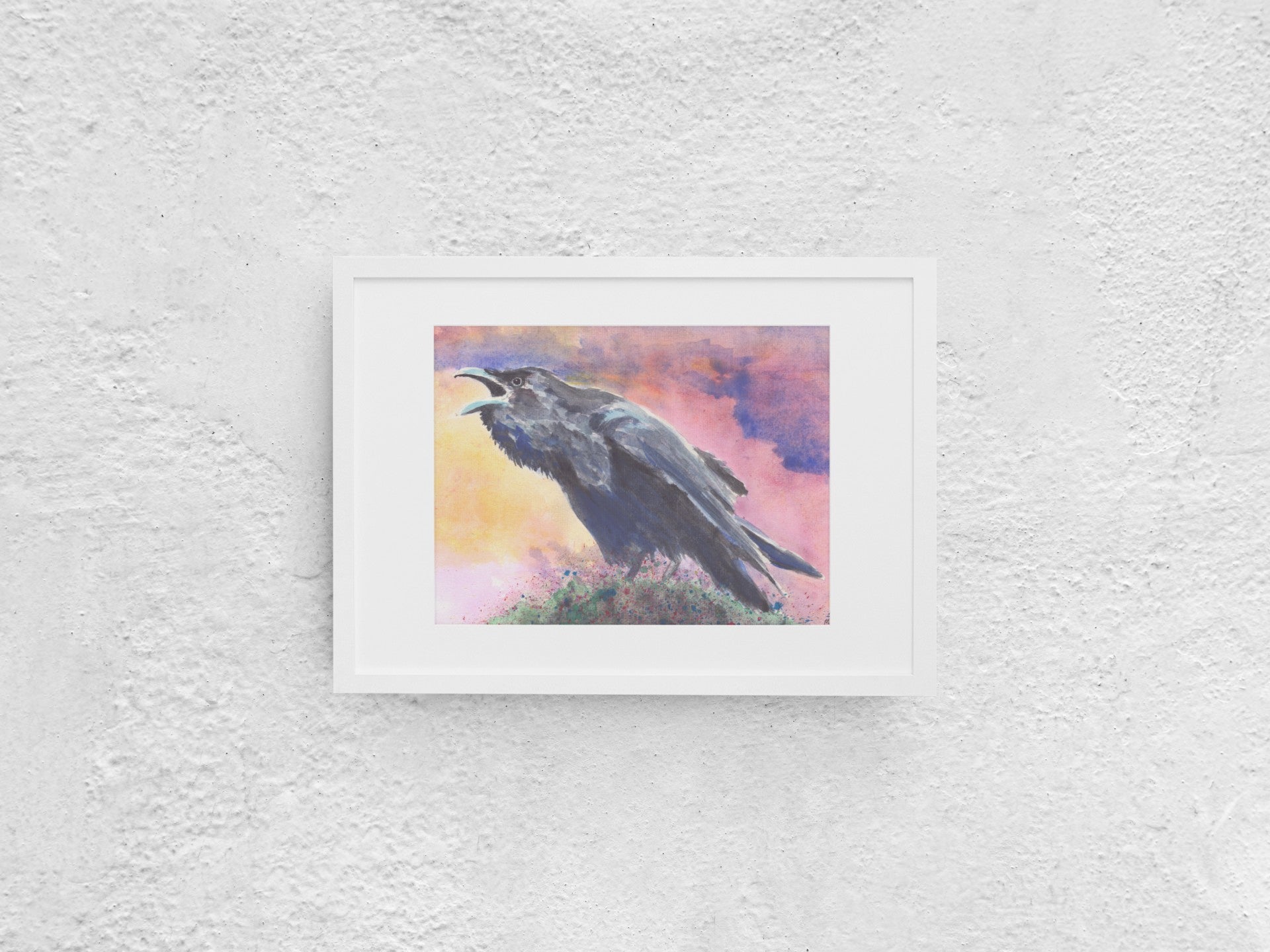 Watercolor painting of a raven cawing in the early morning as the sun rises against a pink autumn sky. The raven, painted in black and grays, stands on a tree branch or moss covered with berries, preparing for a light snack. The sky features soft tones of blue, pink, and yellow. The A4-sized artwork is displayed in a white mock-up frame against a neutral background, emphasizing its serene yet lively autumn scene.