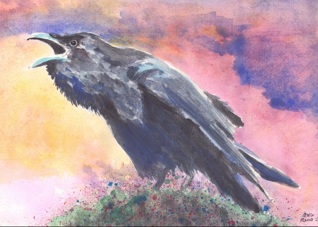 Watercolor painting of a raven cawing in the early morning as the sun rises against a pink autumn sky. The raven, painted in black and grays, stands on a tree branch or moss covered with berries, preparing for a light snack. The sky is a blend of blue, pink, and yellow tones. The artwork is A4 in size.