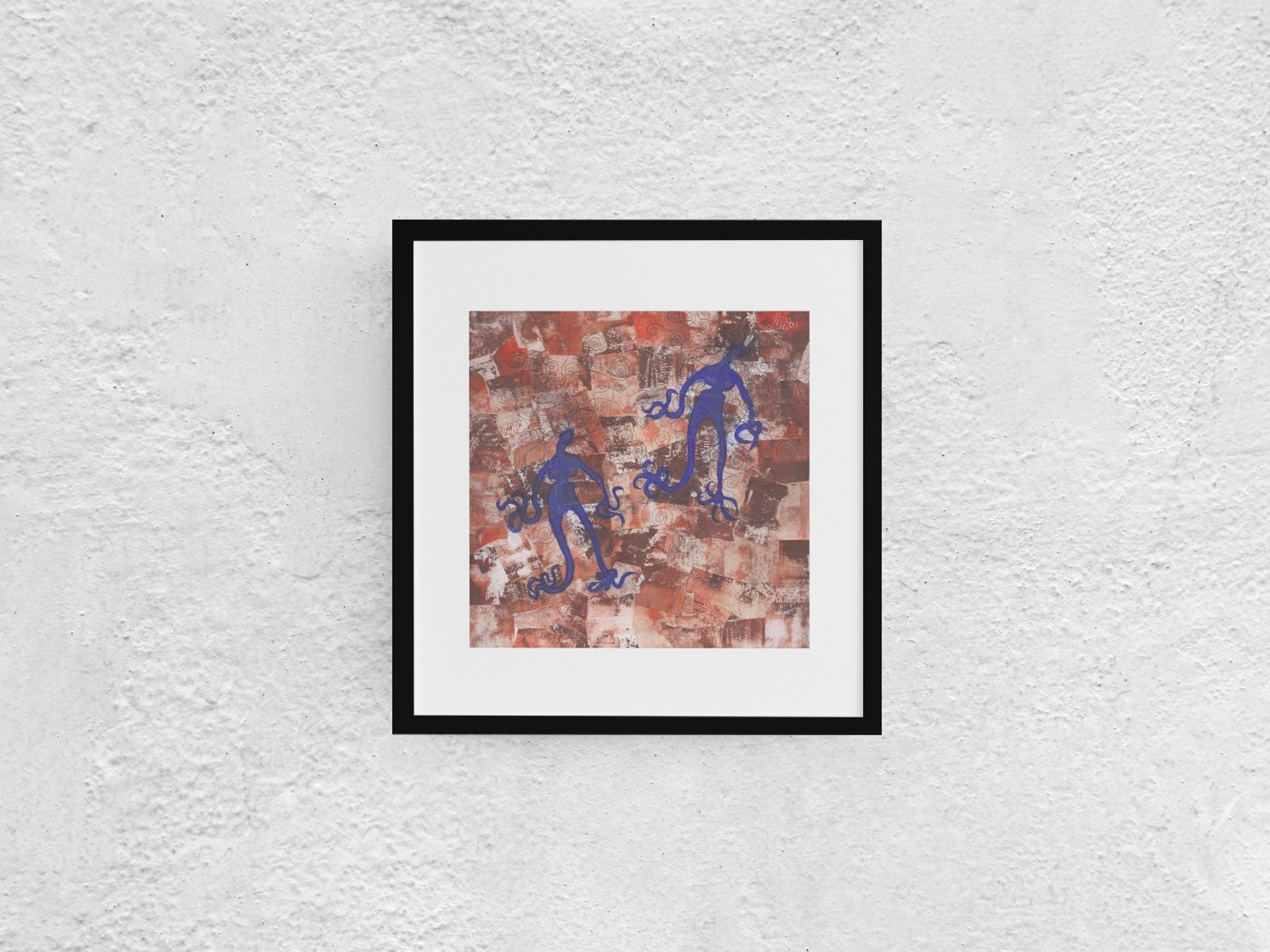 Acrylic collage featuring two blue, otherworldly female beings depicted in earth-toned colors. The background is a blend of brown and reddish hues, enhancing the surreal and mystical atmosphere of the piece. The 30×30 cm artwork is shown in a black mock-up frame against a neutral background, highlighting its unique and otherworldly qualities.