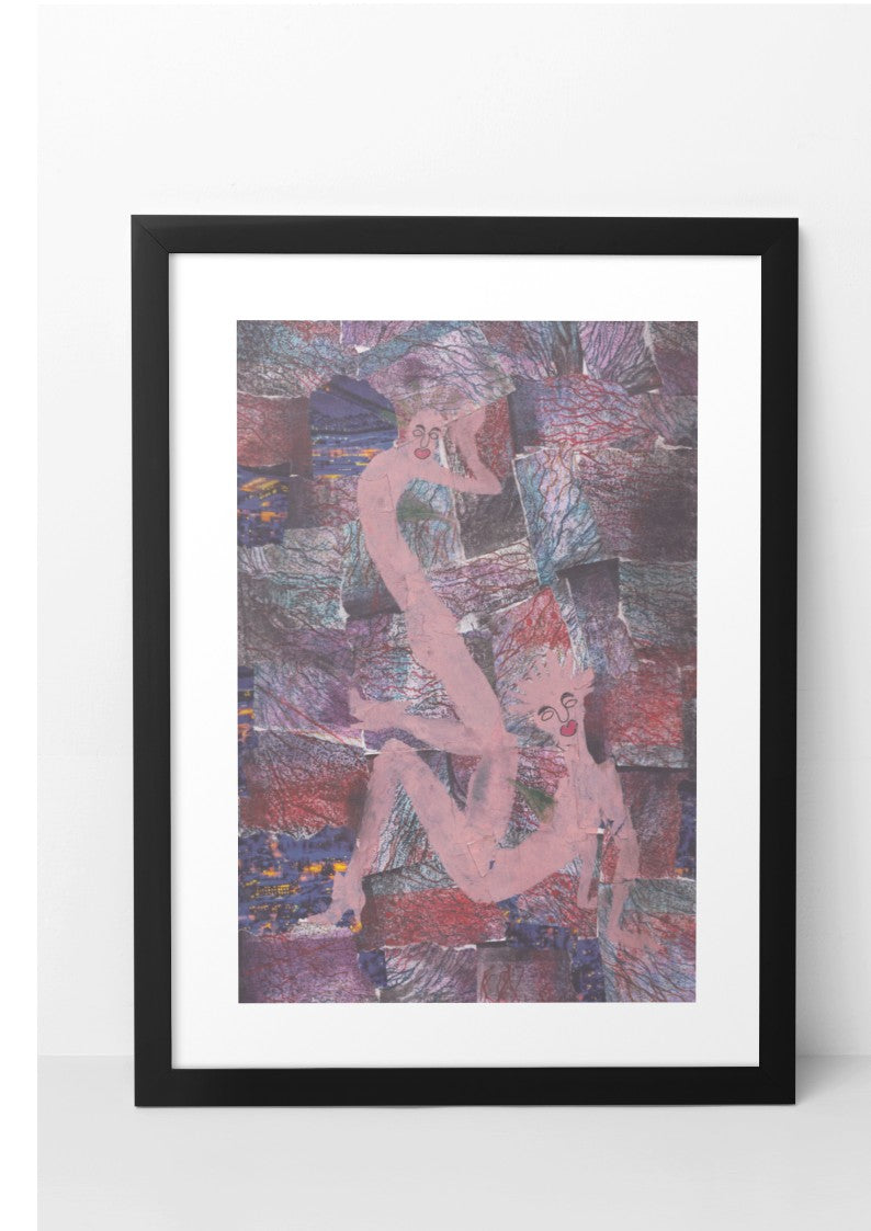 Mixed media artwork in acrylic collage depicting two beings in nude color, positioned closely together. The background consists of square shapes in earth tones, creating a textured and harmonious composition. The A3-sized artwork is displayed in a black mock-up frame against a neutral background, emphasizing its rich textures and earthy tones.