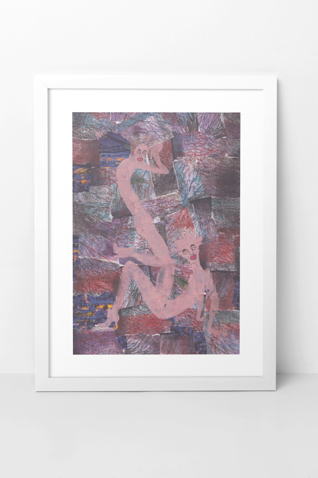 Mixed media artwork in acrylic collage depicting two beings in nude color, positioned closely together. The background consists of square shapes in earth tones, creating a textured and harmonious composition. The A3-sized artwork is displayed in a white mock-up frame against a neutral background, emphasizing its rich textures and earthy tones.