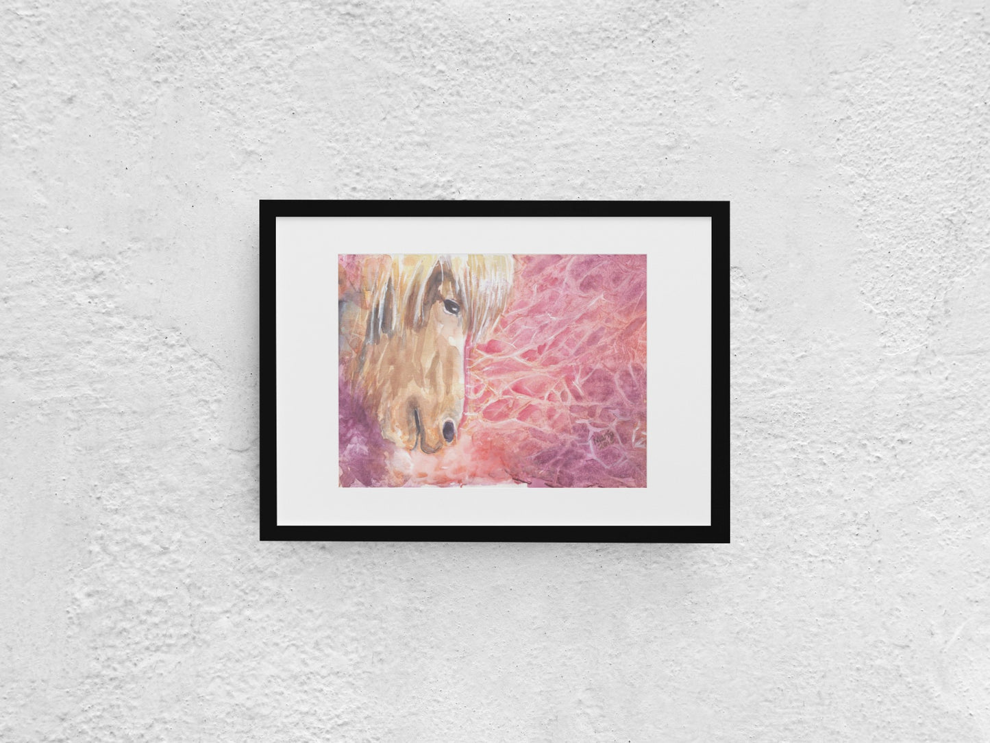 Watercolor artwork depicting the profile of a horse on the left side. The horse is light brown with a blond mane. The background is vibrant, featuring warm reddish, orange, and purple tones with a flowing effect that resembles colors moving in water. The A4-sized artwork is displayed in a black mock-up frame against a neutral background, highlighting its dynamic colors and elegant composition.
