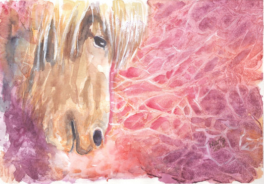 Watercolor artwork depicting the profile of a horse on the left side. The horse is light brown with a blond mane. The background is vibrant, featuring warm reddish, orange, and purple tones with a flowing effect that resembles colors moving in water. The artwork is A4 in size.