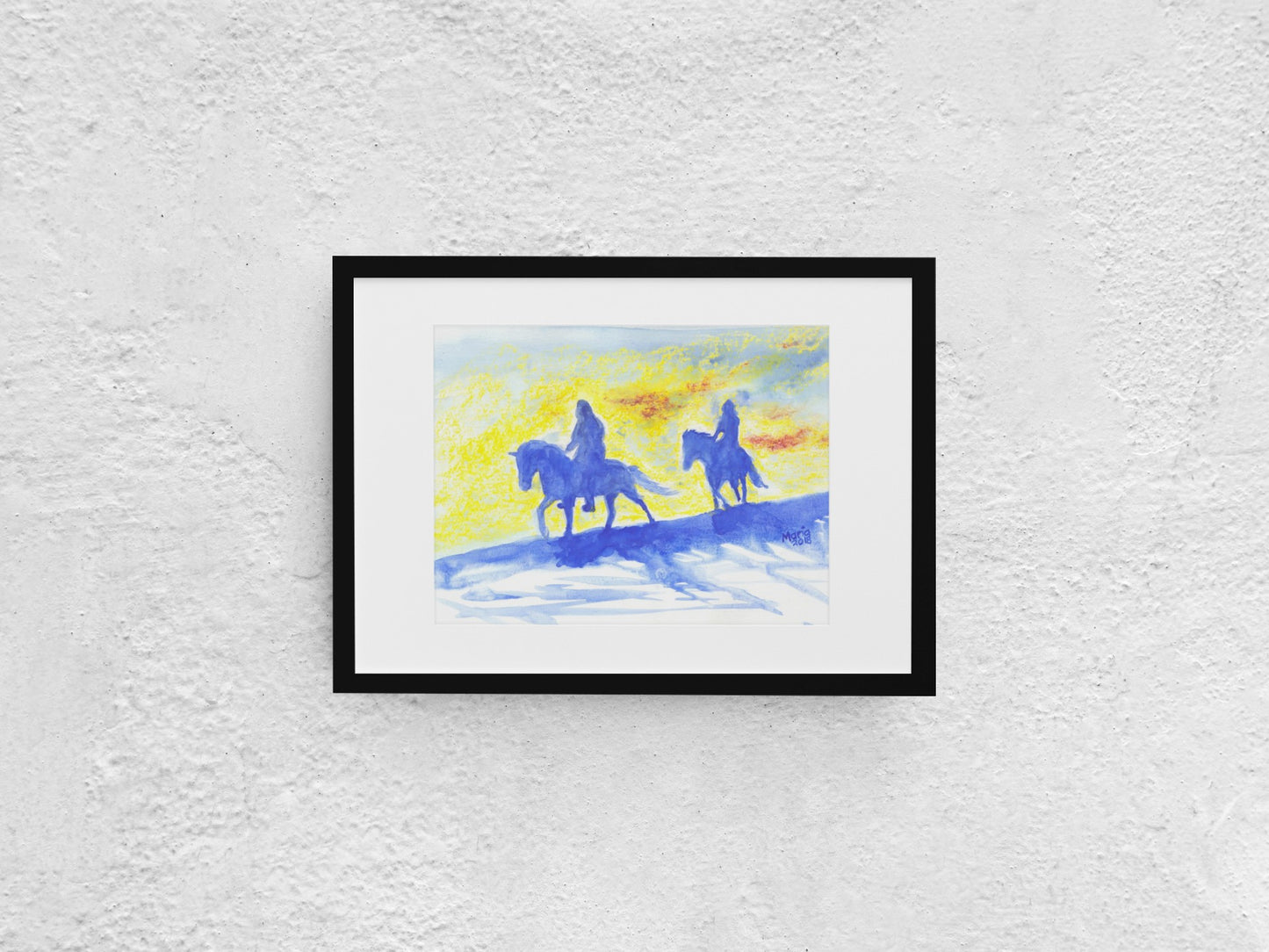 Oil pastel and watercolor artwork depicting the shadowy figures of two horsemen with the light from a setting sun in the background. The colors are vibrant and contrasted, with the horsemen painted in blue against a background of gray, white, red, and strong yellow tones. The A4-sized artwork is displayed in a black mock-up frame against a neutral background, emphasizing its dramatic contrast and vibrant colors.
