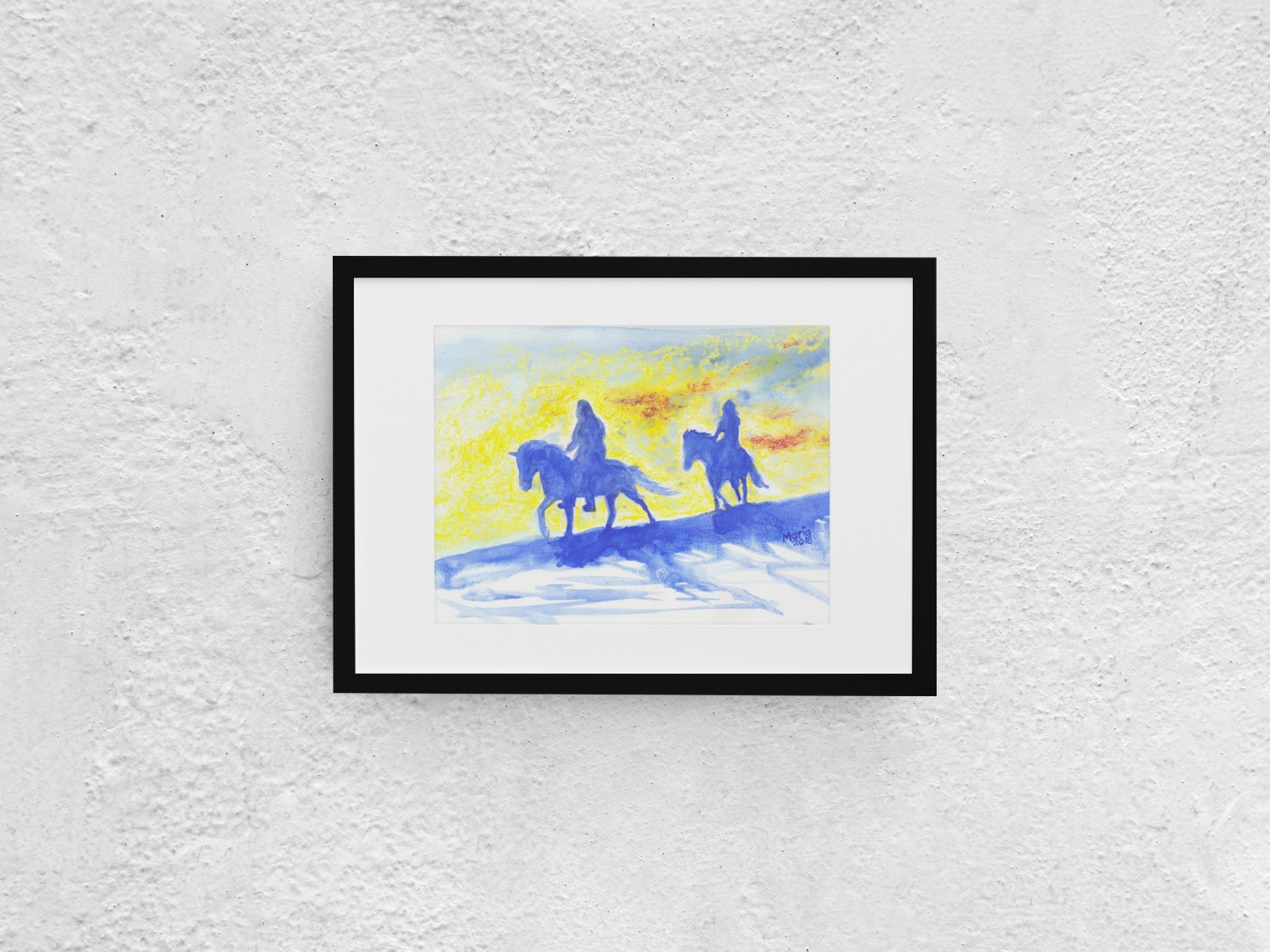 Oil pastel and watercolor artwork depicting the shadowy figures of two horsemen with the light from a setting sun in the background. The colors are vibrant and contrasted, with the horsemen painted in blue against a background of gray, white, red, and strong yellow tones. The A4-sized artwork is displayed in a black mock-up frame against a neutral background, emphasizing its dramatic contrast and vibrant colors.
