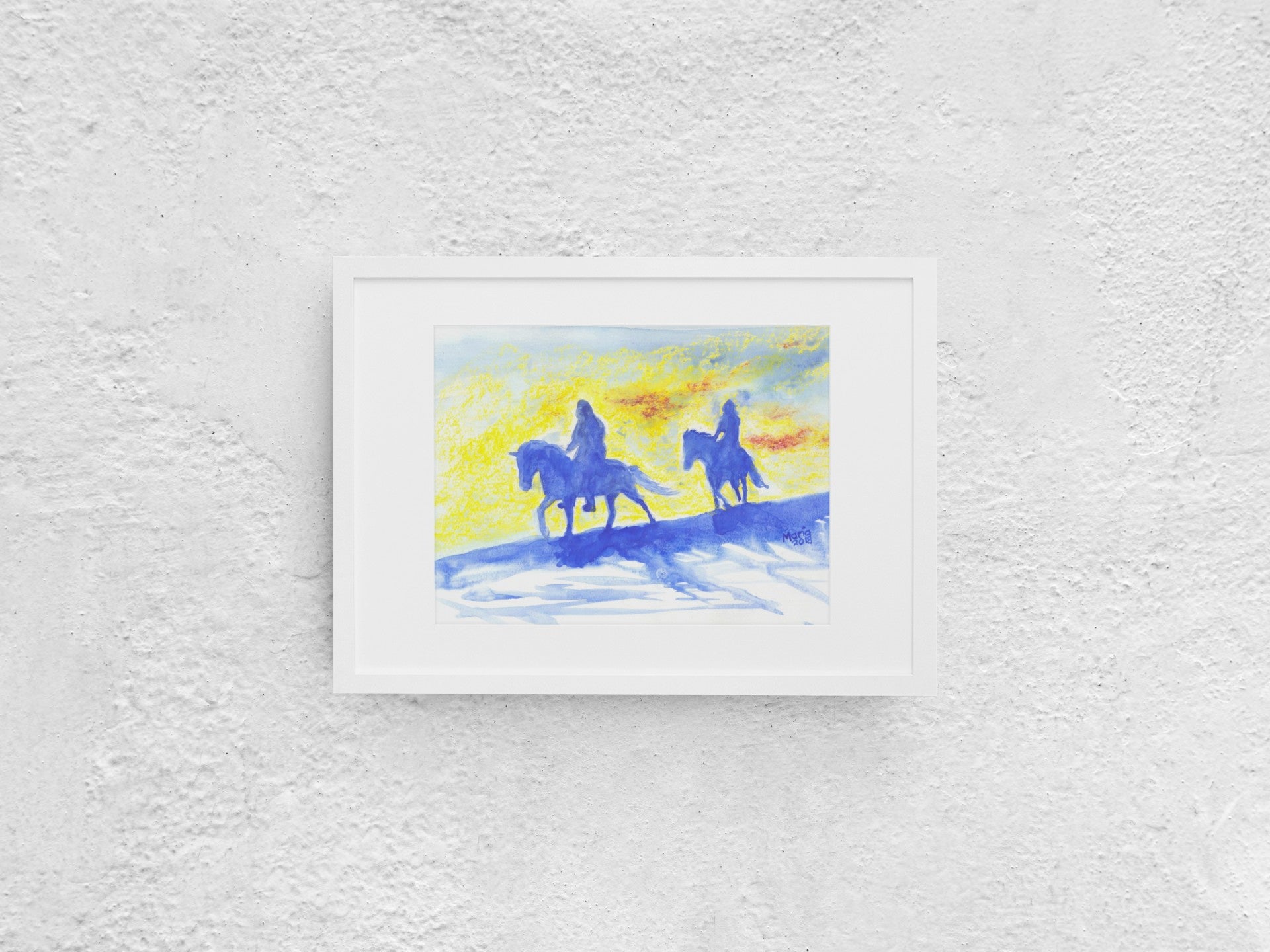 Oil pastel and watercolor artwork depicting the shadowy figures of two horsemen with the light from a setting sun in the background. The colors are vibrant and contrasted, with the horsemen painted in blue against a background of gray, white, red, and strong yellow tones. The A4-sized artwork is displayed in a white mock-up frame against a neutral background, emphasizing its dramatic contrast and vibrant colors.