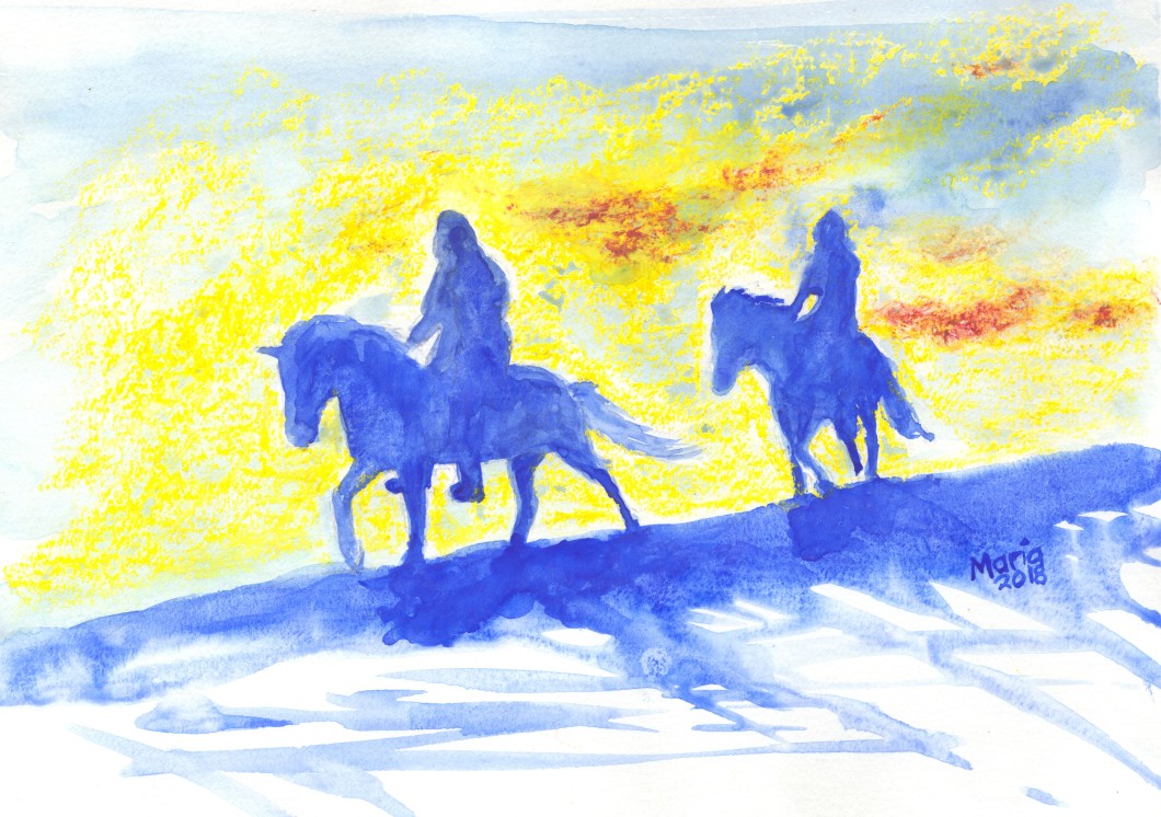 Oil pastel and watercolor artwork depicting the shadowy figures of two horsemen with the light from a setting sun in the background. The colors are vibrant and contrasted, with the horsemen painted in blue against a background of gray, white, red, and strong yellow tones. The artwork is A4 in size.