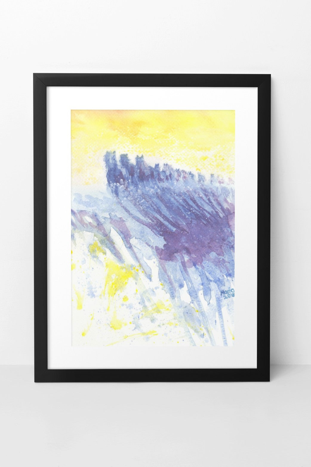 Oil pastel painting of a herd of horses galloping in a rough, straight line, depicted as blue silhouettes contrasting against a vibrant yellow background. The scene evokes a sense of sunset as the horses return to rest after a long day. The A4-sized artwork is displayed in a black mock-up frame against a neutral background, highlighting the bold color contrasts and dynamic movement.